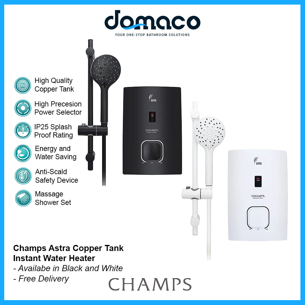 Champs Astra Copper Tank Instant Water Heater [Black/White] domaco.com.sg