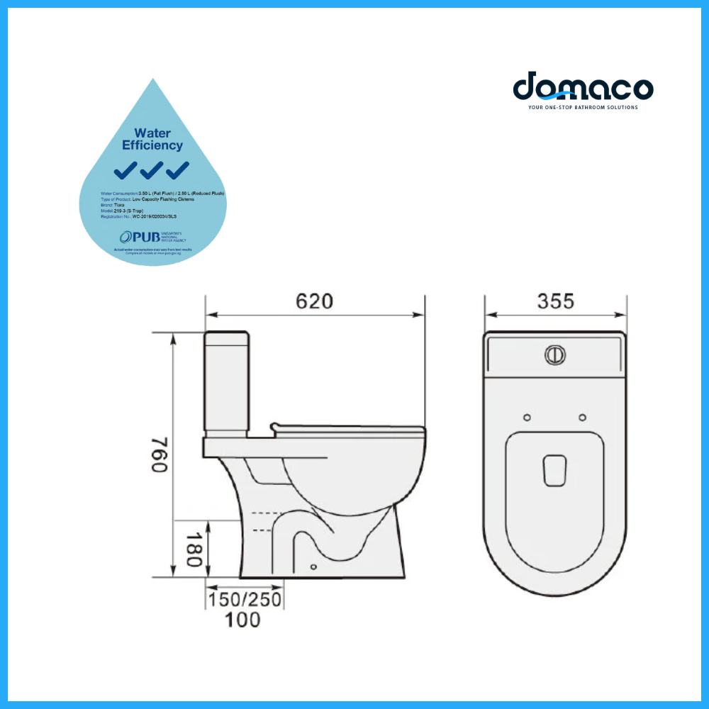 Tiara T219 Rimless Washdown 2-Piece Toilet Bowl with Soft-Closing Seat Cover - Domaco
