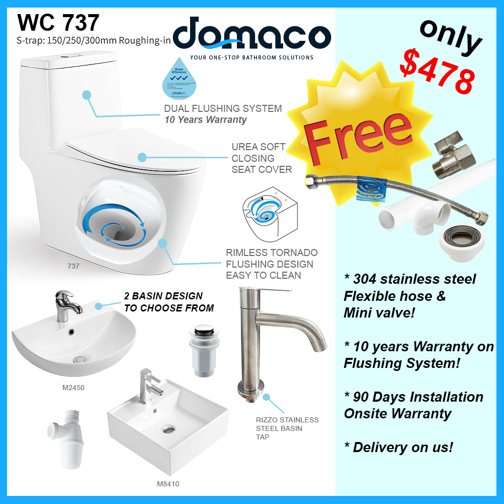 Domaco 737 Rimless Turbo Tornado Flushing Toilet Bowl and Basin Package domaco.com.sg