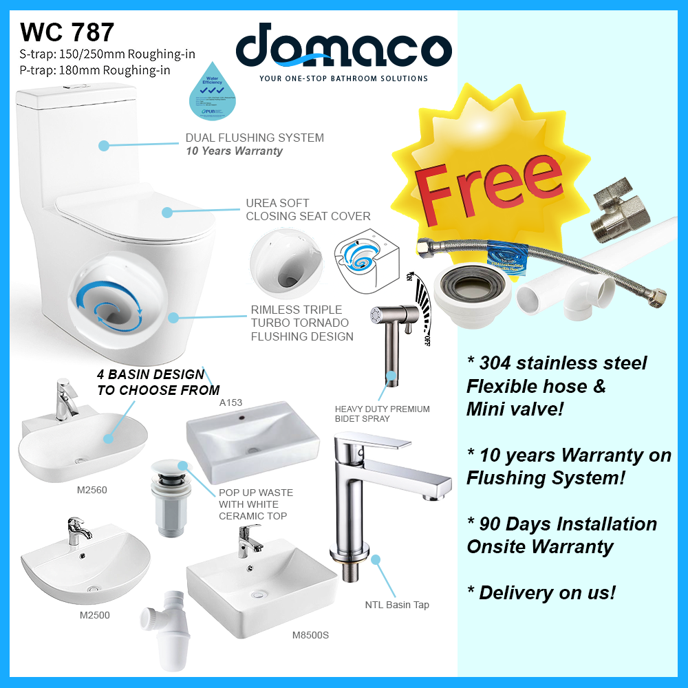 Domaco 787 Rimless Triple Turbo Tornado Flushing 1-Piece Toilet Bowl & Basin Package domaco.com.sg