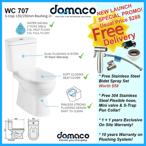 [FREE Bidet Spray] Domaco 707 Rimless [New Gen] Washdown FlushingvToilet Bowl with Soft Closing Seat domaco.com.sg