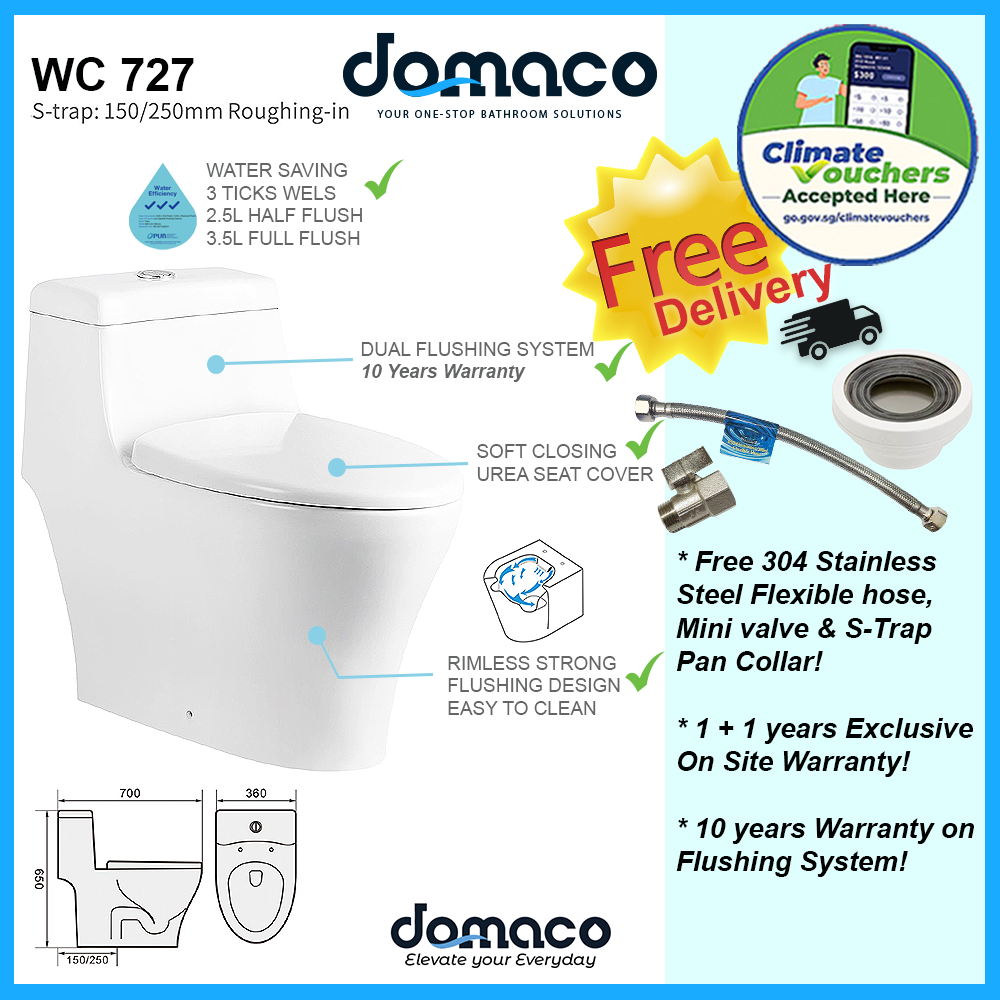 Domaco 727 Rimless [New Gen] Washdown Flushing Toilet Bowl with Soft Closing Seat domaco.com.sg