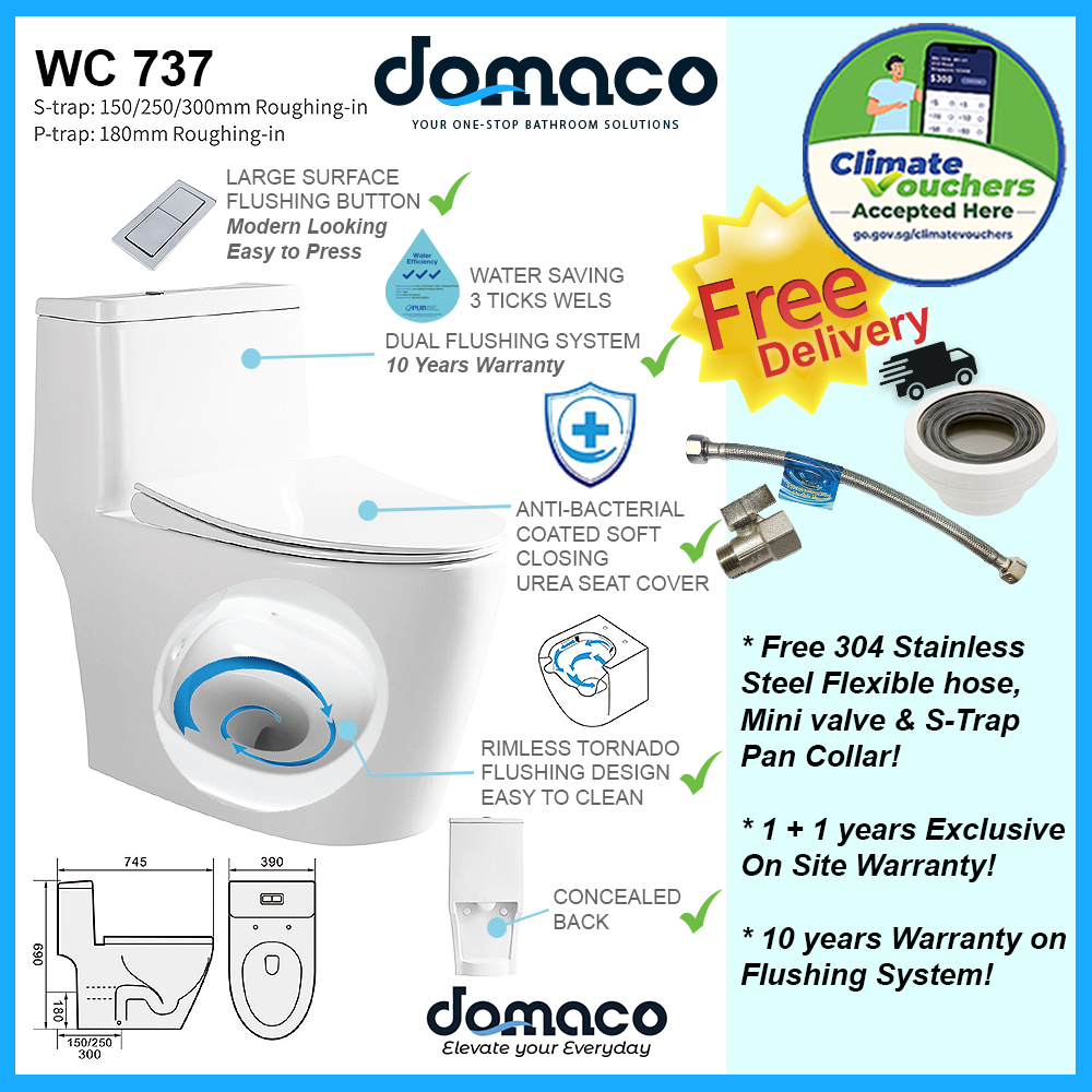 Domaco 737 Rimless [New Gen] Turbo Tornado Flushing Toilet Bowl Soft Closing Seat domaco.com.sg