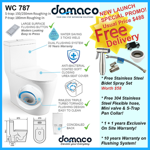 [FREE Bidet Spray] Domaco 787 Rimless [New Gen] Triple Turbo Tornado Flushing 1-Piece Toilet Bowl with Anti-Bacterial Coated Soft Closing Urea Seat Cover domaco.com.sg