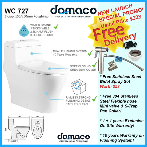 [FREE Bidet Spray] Domaco 727 Rimless [New Gen] Washdown Flushing Toilet Bowl with Soft Closing Seat domaco.com.sg