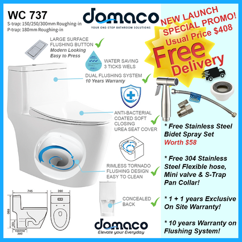 [FREE Bidet Spray] Domaco 737 Rimless [New Gen] Turbo Tornado Flushing Toilet Bowl Soft Closing Seat domaco.com.sg