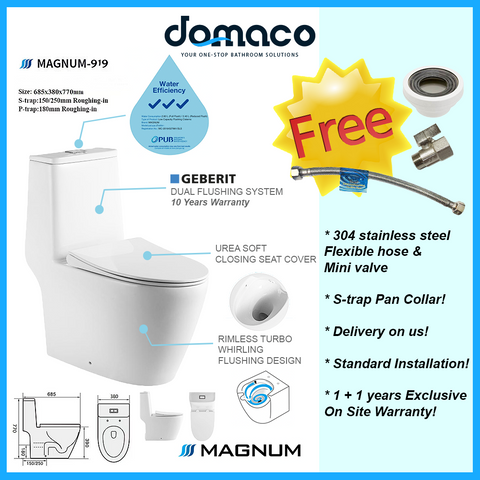 Magnum 919 & 919 Bidet With Rimless Turbo Whirling Flushing 1-Piece Toilet Bowl domaco.com.sg