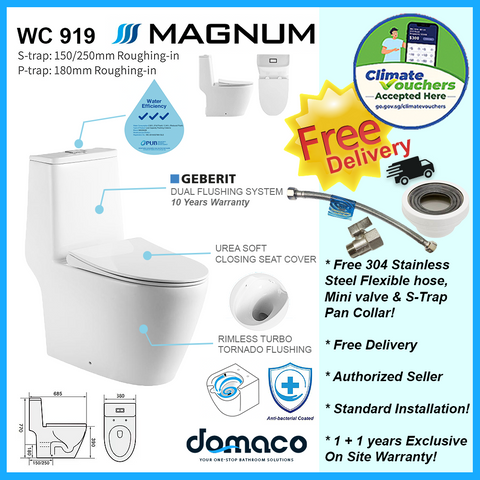 Magnum 919 & 919 Bidet With Rimless Turbo Whirling Flushing 1-Piece Toilet Bowl domaco.com.sg