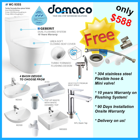Magnum Rimless Turbo Whirling Flushing 1-Piece Toilet Bowl & Basin Package domaco.com.sg