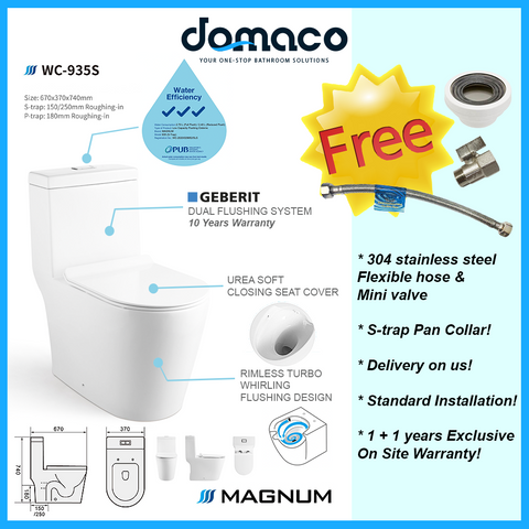 Magnum 935 Rimless Turbo Whirling Flushing 1-Piece Toilet Bowl domaco.com.sg