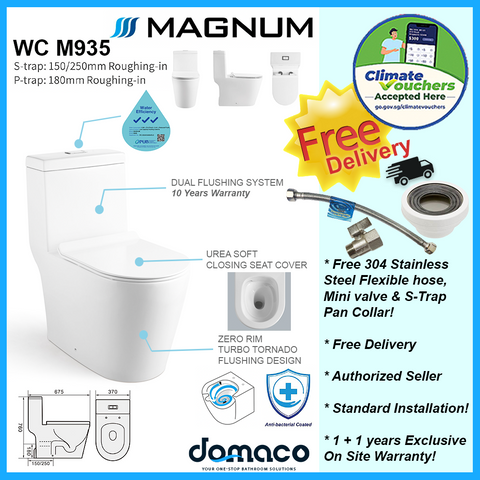 Magnum M935 [NEW 2025] Zero Rim Turbo Tornado Flushing 1-Piece Toilet Bowl domaco.com.sg