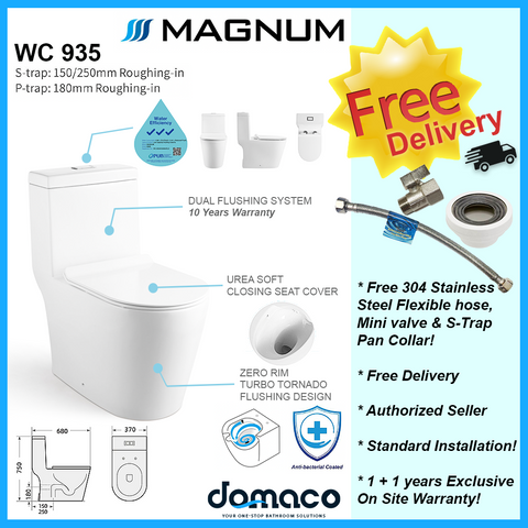 Magnum 935 [NEW 2024] Zero Rim Turbo Tornado Flushing 1-Piece Toilet Bowl domaco.com.sg