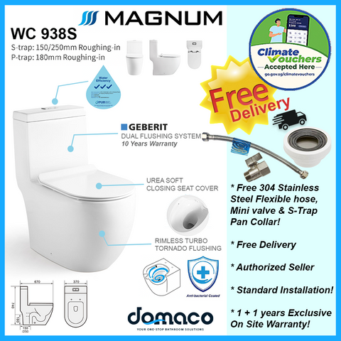 Magnum 938S Rimless Turbo Whirling Flushing 1-Piece Toilet Bowl domaco.com.sg