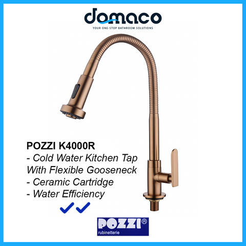 Pozzi K4000R Rose Gold With Flexible Gooseneck Kitchen Sink Tap domaco.com.sg