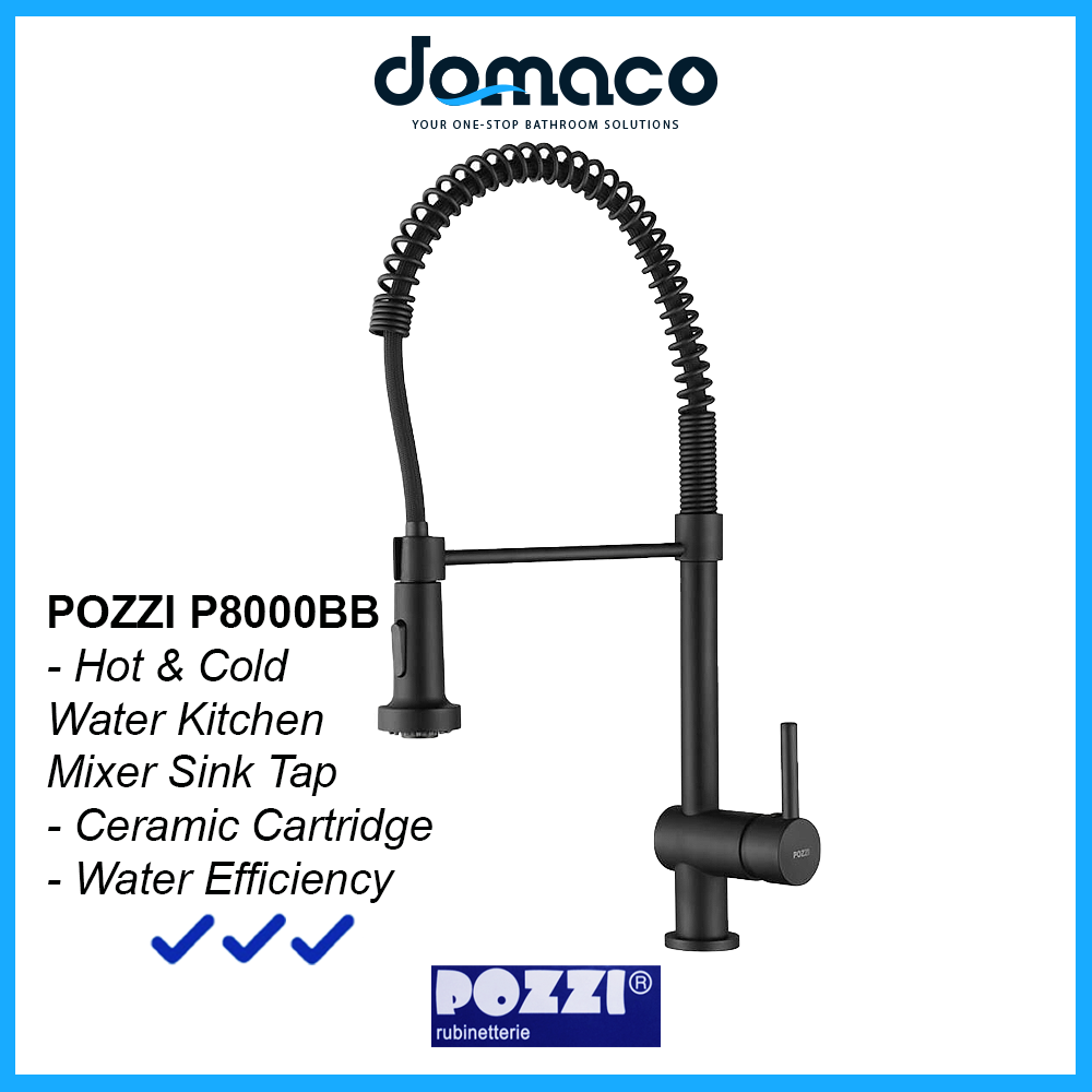 Pozzi P8000BB Matt Black Pull Out Spring Spout Kitchen Sink Mixer Tap