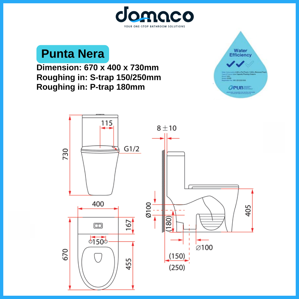 Rubine Punta Nera Rimless Toilet Bowl Funnel Flushing with UREA Soft Closing Seat Cover