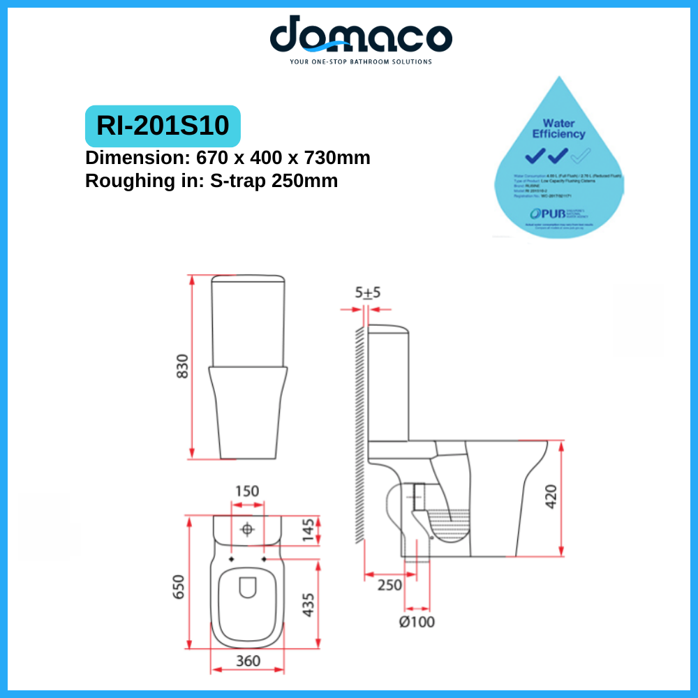 Rubine RI-201S10 Toilet Bowl Washdown Flushing and 2-Piece Toilet Bowl with UREA Soft Closing Seat Cover