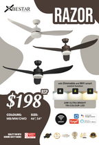 Bestar Razor DC Ceiling Fan With Dimmable 24W 3 Tone LED Light Kit And Smart Wifi Control domaco.com.sg