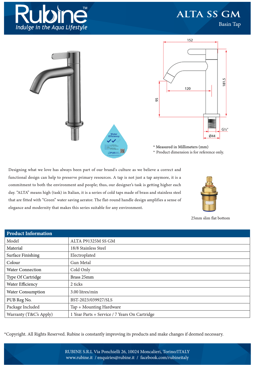 Rubine Alta P91325M SS Stainless Steel Basin Tap domaco.com.sg