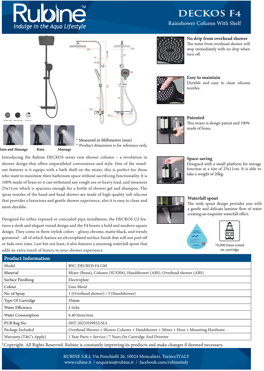 Rubine RSC-DECKOS-F4 Square Rain Shower Set with Hand Shower and Shower Mixer Shelf domaco.com.sg