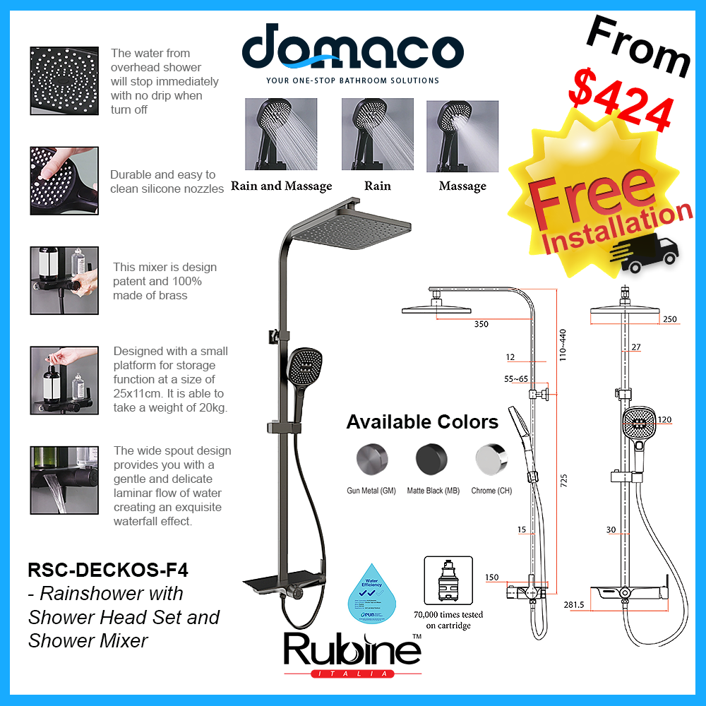 Rubine RSC-DECKOS-F4 Square Rain Shower Set with Hand Shower and Shower Mixer Shelf domaco.com.sg