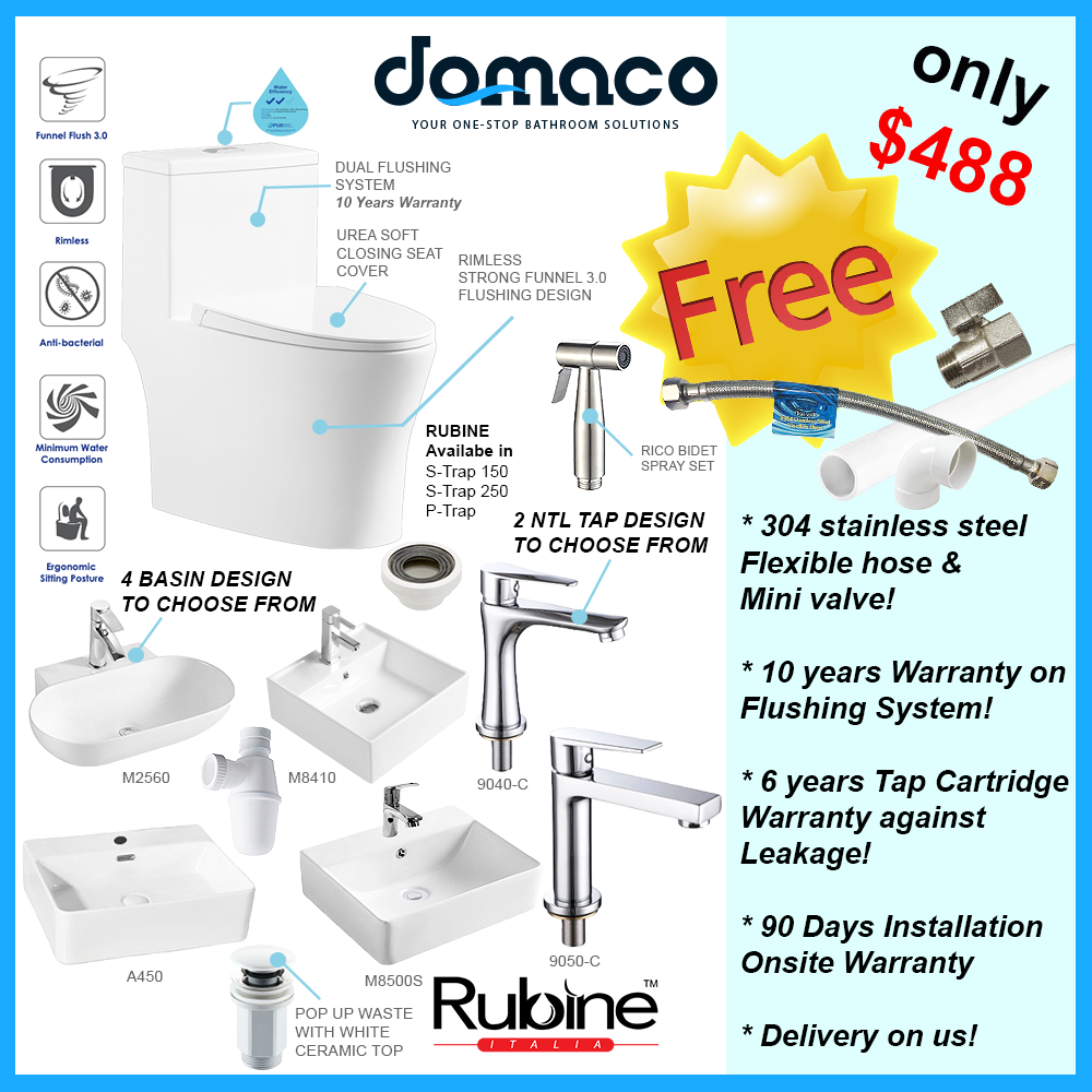 Rubine Rimless Funnel Flush 3.0 Toilet Bowl & Basin Package domaco.com.sg