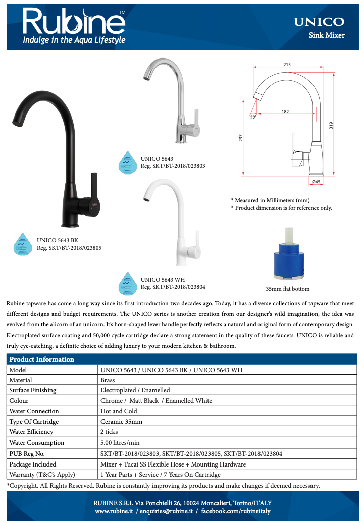 Rubine Unico 5643 Kitchen Mixer Sink Tap domaco.com.sg