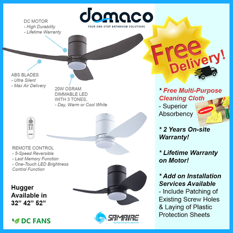 Samaire Hugger 3 Blades DC Ceiling Fan With 20W Dimmable 3 Tone LED Light Kit And Remote domaco.com.sg