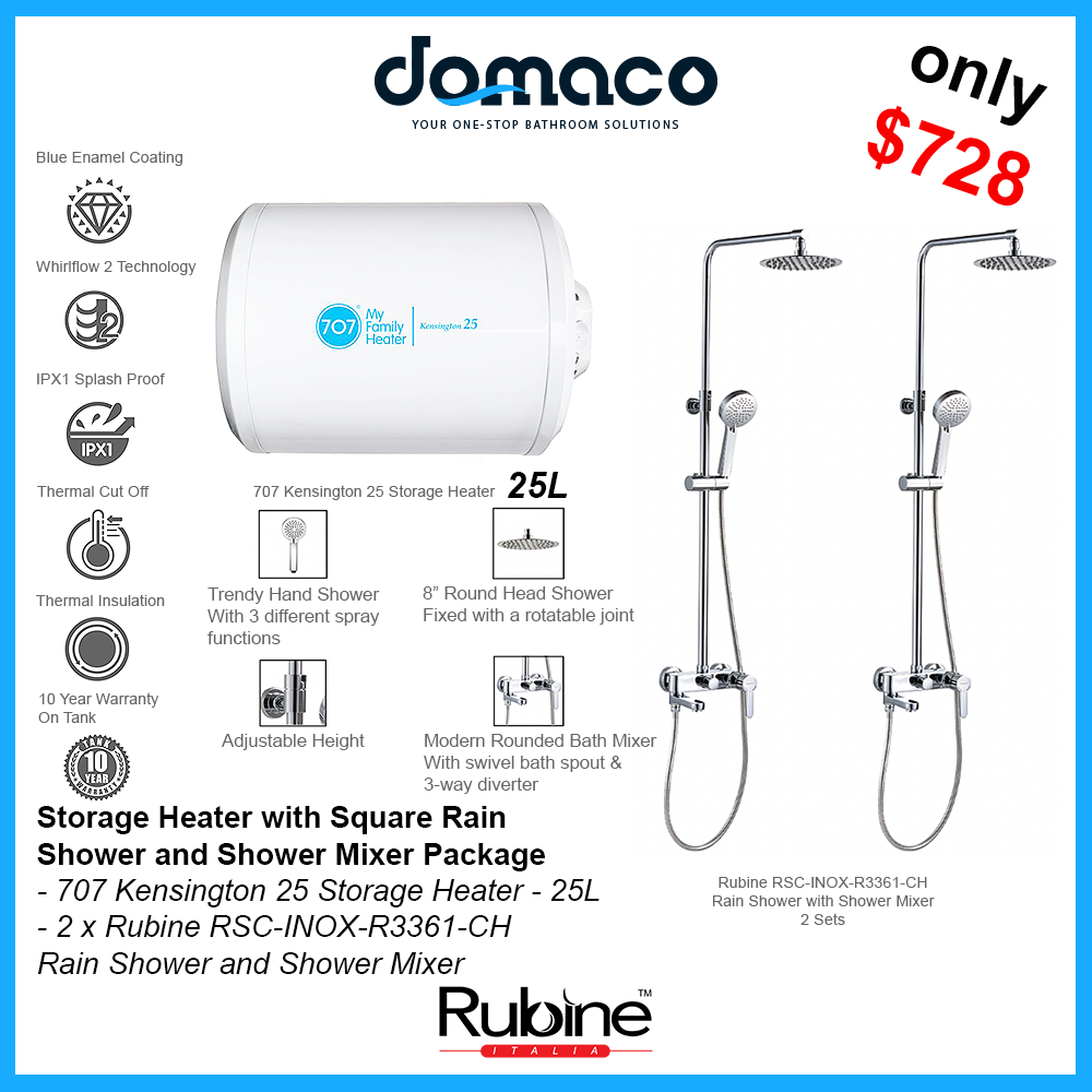 707 Storage Heater with Rubine Round Rain Shower and Shower Mixer Package - 25L domaco.com.sg