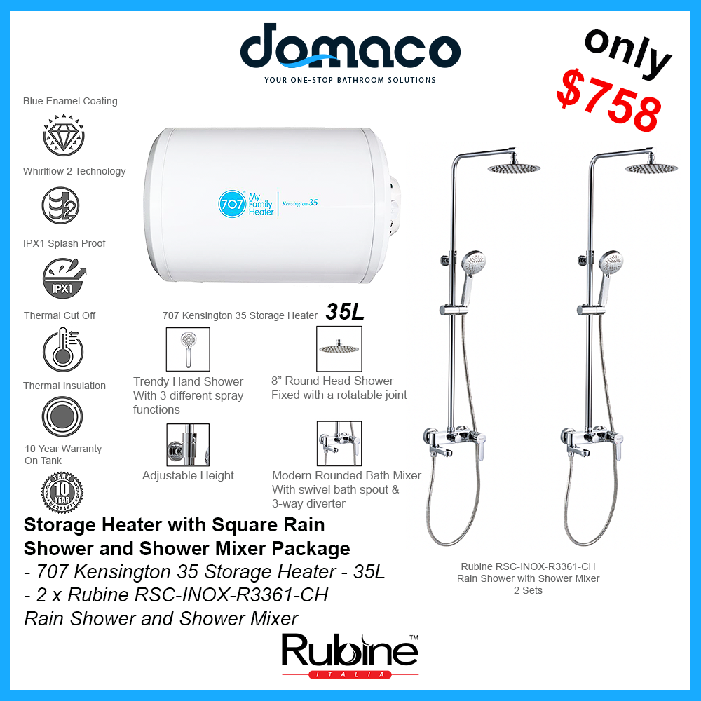 707 Storage Heater with Rubine Round Rain Shower and Shower Mixer Package - 35L domaco.com.sg