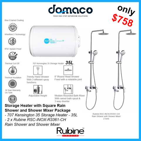 707 Storage Heater with Rubine Round Rain Shower and Shower Mixer Package - 35L domaco.com.sg