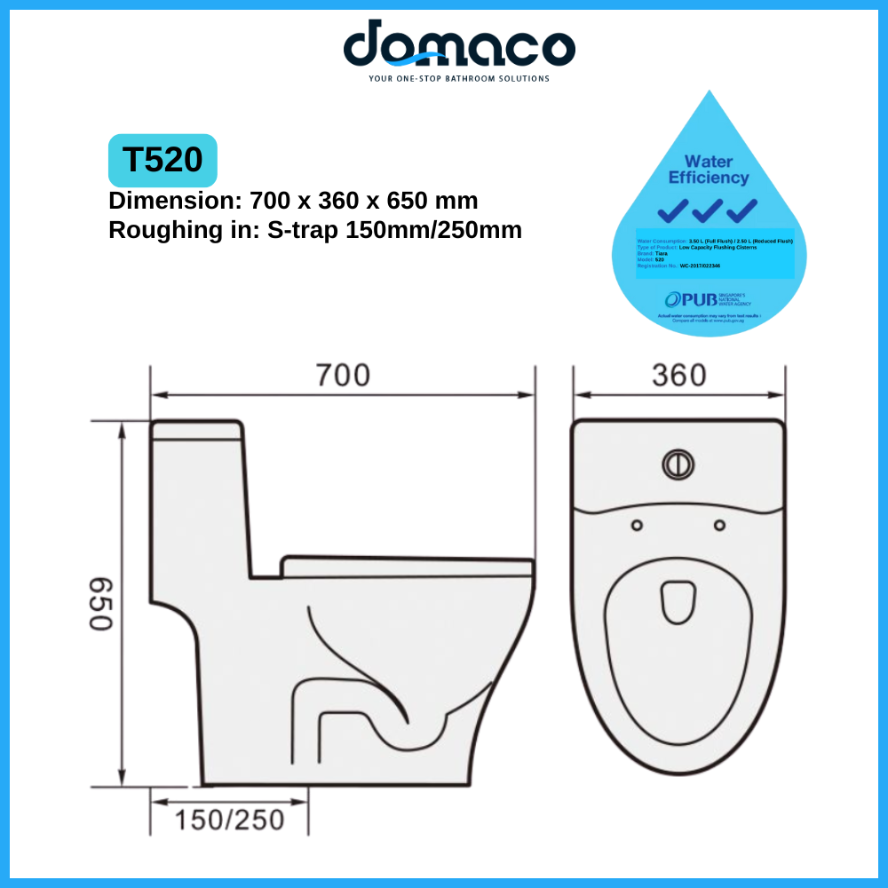 Tiara T520 Rimless Toilet Bowl Washdown Flushing 1-Piece Toilet Bowl with Soft Closing Urea Seat - Domaco