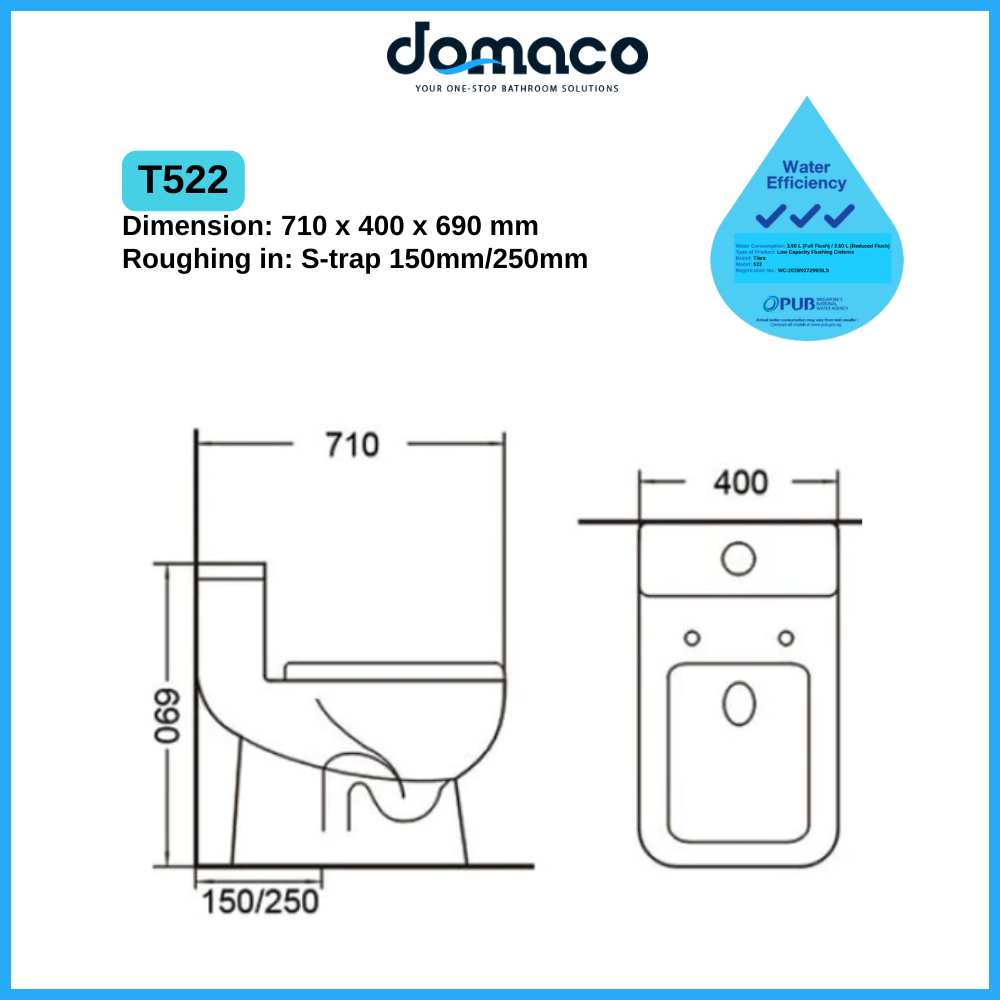 Tiara T522 Rimless Toilet Bowl Washdown Flushing 1-Piece Toilet Bowl with Soft Closing Urea Seat Cover - Domaco