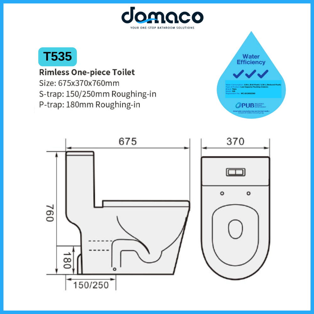 Tiara T535 Rimless Flushing 1-Piece Toilet Bowl - Domaco