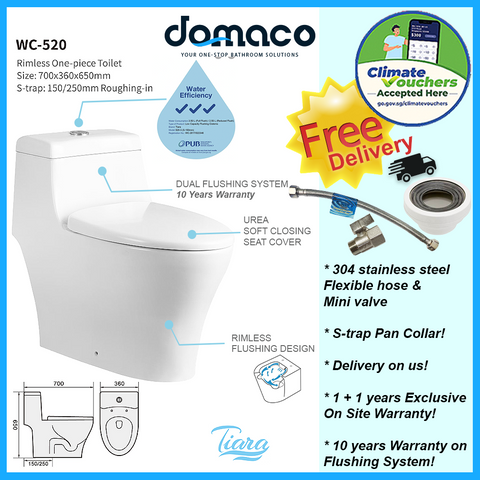 Tiara 520 1-Piece Toilet Bowl domaco.com.sg