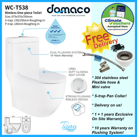 Tiara T538 Rimless 1-Piece Toilet Bowl domaco.com.sg