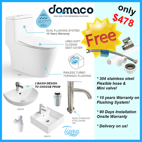 Tiara 918 Rimless Turbo Whirling Flushing Toilet Bowl and Basin Package