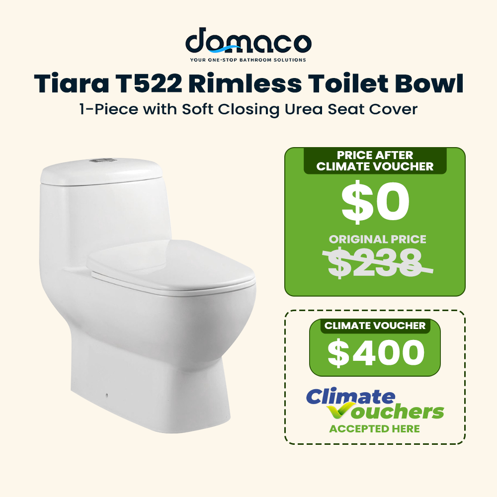 Tiara T522 Rimless Toilet Bowl Washdown Flushing 1-Piece Toilet Bowl with Soft Closing Urea Seat Cover - Domaco