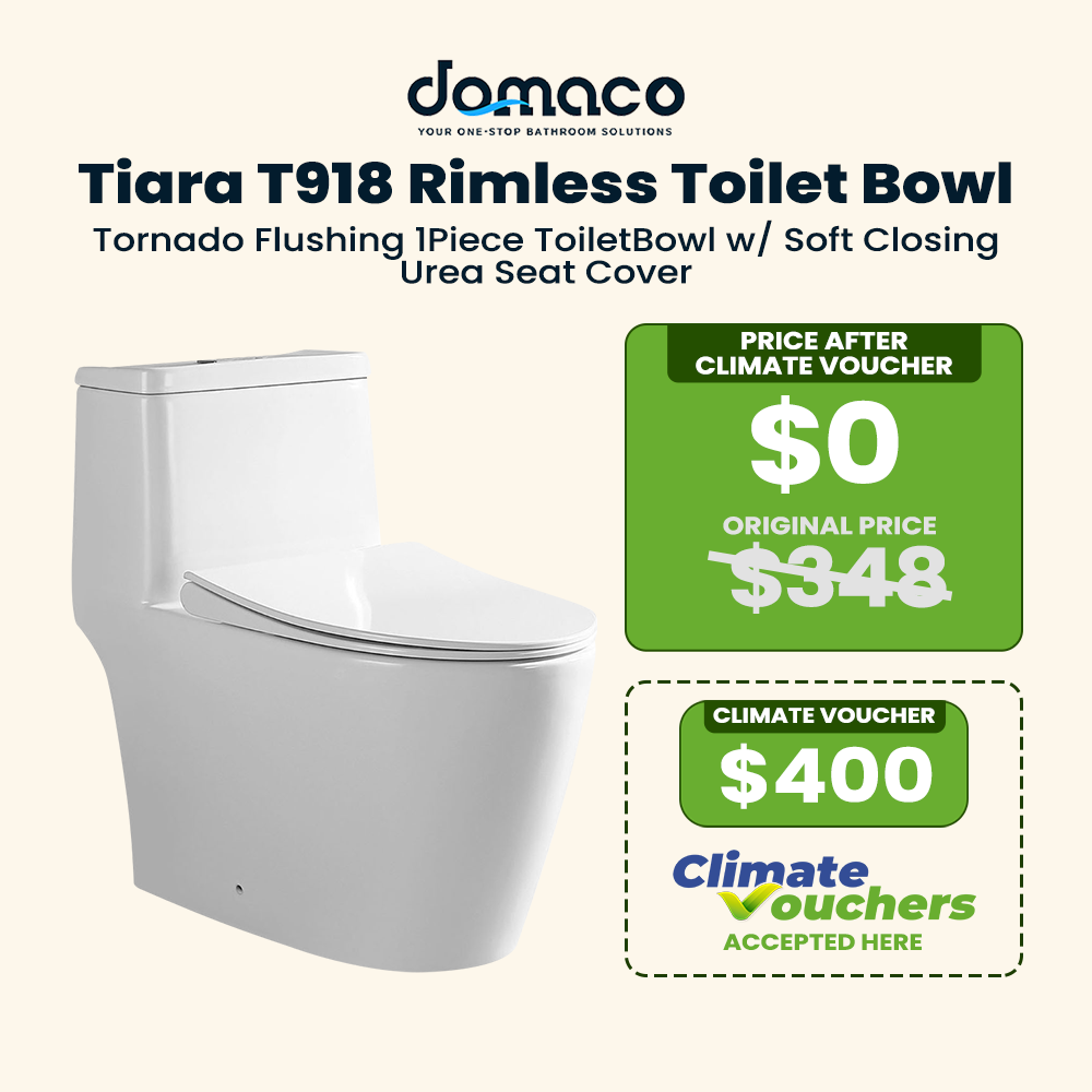Tiara T918 Rimless Toilet Bowl Tornado Flushing 1-Piece Toilet Bowl with Soft Closing Urea Seat Cover - Domaco