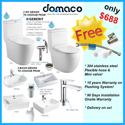 Magnum Rimless Turbo Whirling Flushing 1-Piece Toilet Bowl & Basin Package domaco.com.sg