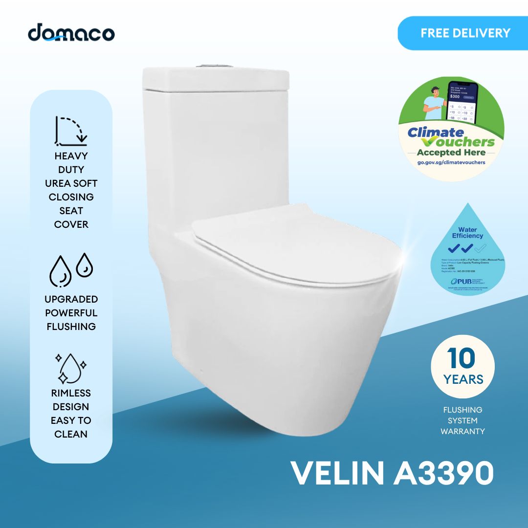Velin A3390 [New Model] Rimless Strong Flushing Toilet Bowl with Soft Closing Urea Seat Cover