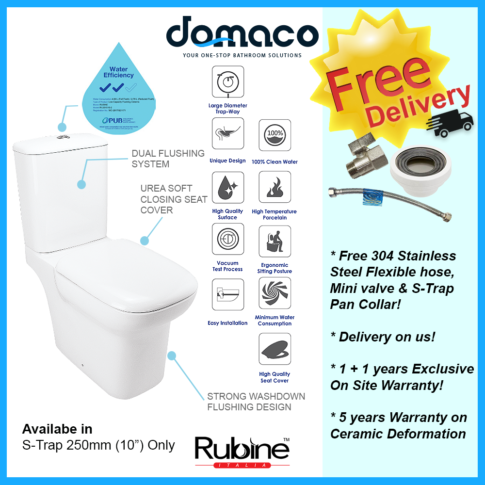 Rubine RI-201S10 Toilet Bowl Washdown Flushing and 2-Piece Toilet Bowl with UREA Soft Closing Seat Cover