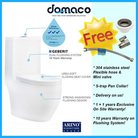 Arino Caprio Geberit Toilet Bowl Flushing System and 1-Piece Toilet Bowl with UREA Soft Closing Seat Cover