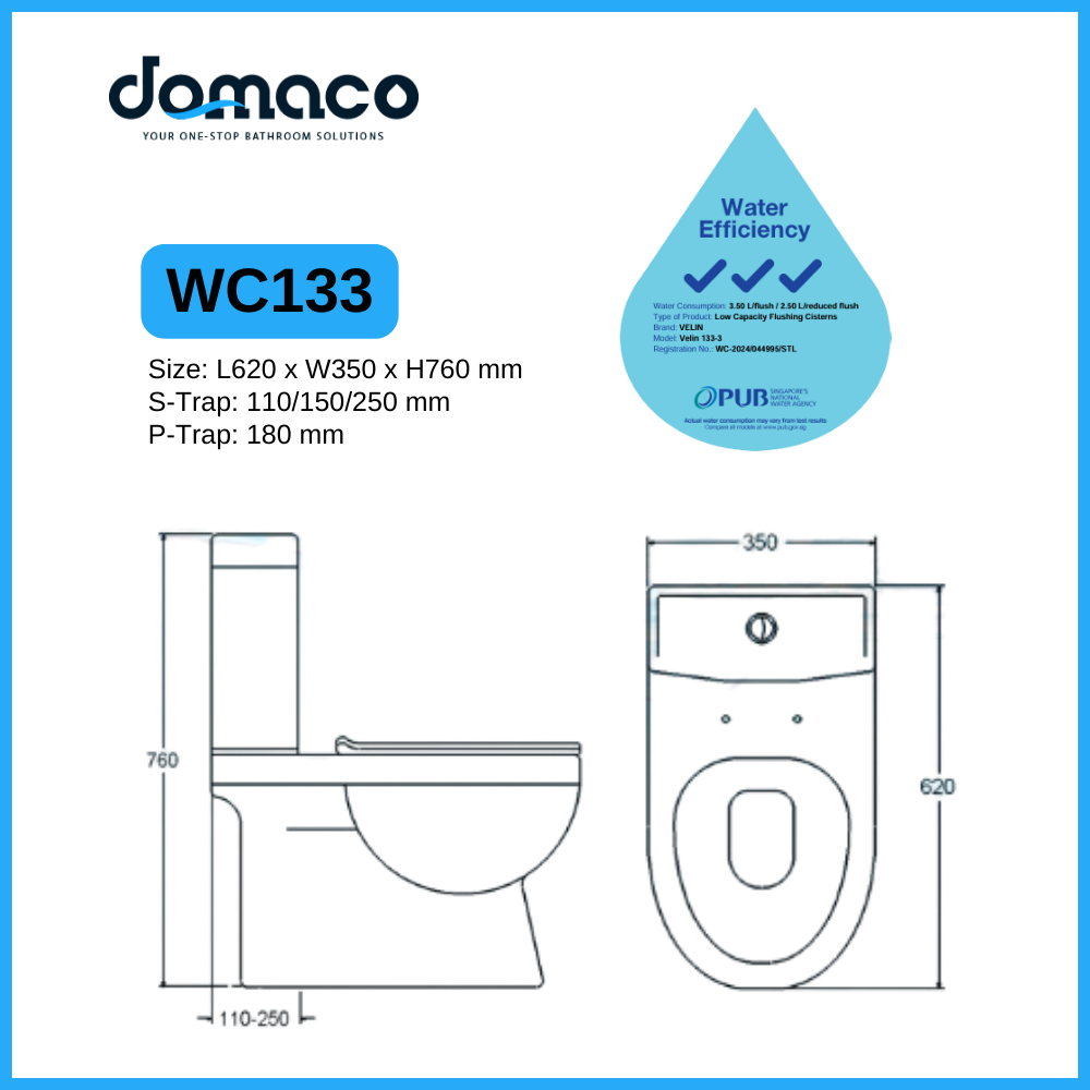 Velin 133 [New Model] Rimless Strong Flushing Toilet Bowl with Soft Closing Seat Cover