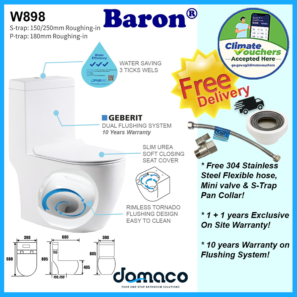 Baron BW898 Gerberit Rimless Tornado Flushing 1-Piece Toilet Bowl with Urea Soft Closing Seat Cover