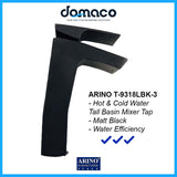 Arino T-9318LBK-3 Matt Black Tall Basin Mixer Tap domaco.com.sg