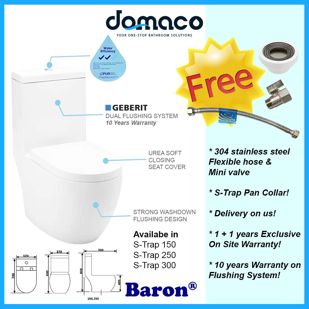 Baron 1-Piece Toilet Bowl Water Closet W-888 (Geberit Flushing System)