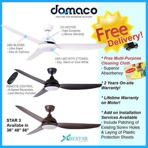 Bestar Star 3 DC Ceiling Fan With 24W 3 Tone LED Light Kit And Remote domaco.com.sg