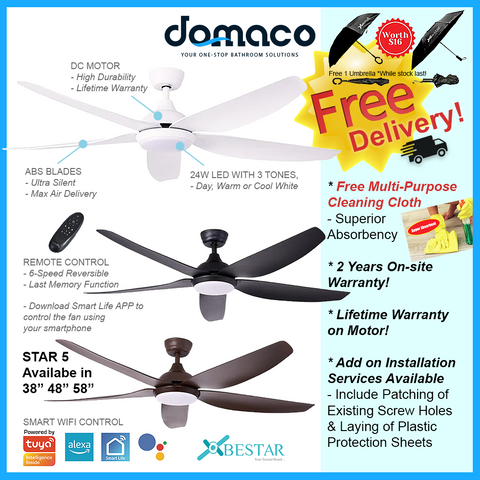 Bestar Star 5 DC Ceiling Fan With 24W 3 Tone LED Light Kit And Smart Wifi Control domaco.com.sg