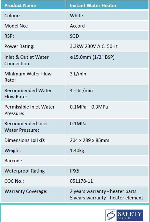 Champs Accord Instant Water Heater - Domaco